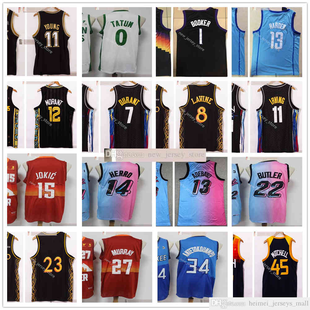 

2021 New City Basketball 1 Devin 0 Jayson Booker Tatum Jerseys 7 Kevin 11 Kyrie Durant Irving Zach Harden LaVine 11 Trae 12 Ja Young Morant, Black;red