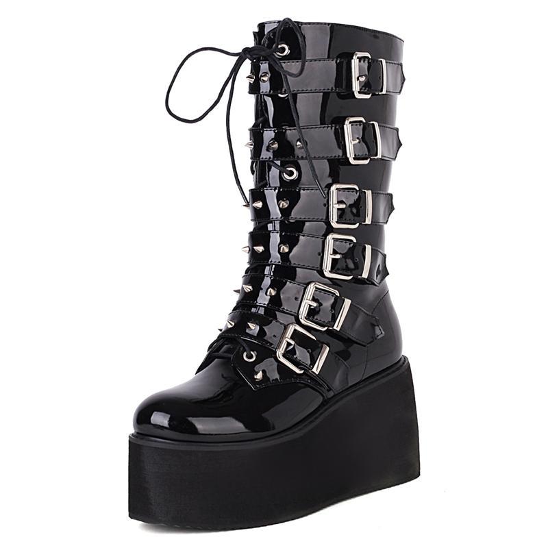 

Boots Black Wedges Platform Calf Women Autumn Winter High Heels Rivet Punk Goth Demonia Shoes Bottes Plateforme Femme