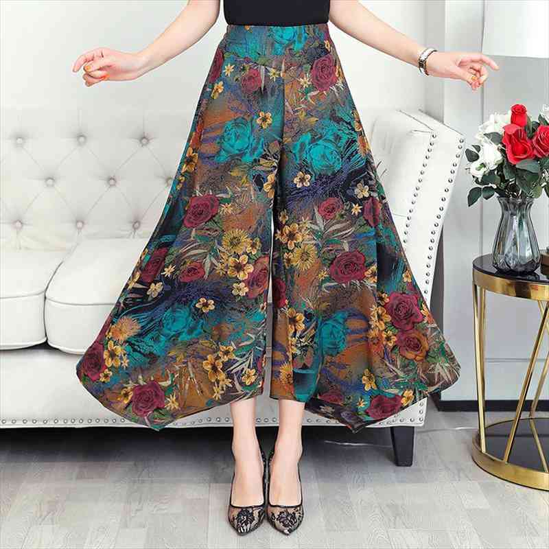

fashion high waist womans wide leg pants loose casual full length ladies trousers spring autumn print female skirt pants, Black;white