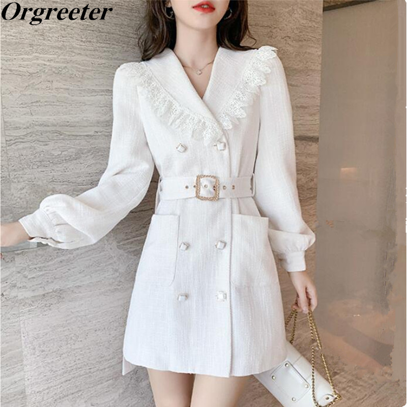 

Temperament OL Short White Tweed Dress Autumn Lace Trim Notched Double breasted Lantern Sleeve Blazer Dresses Women 210525