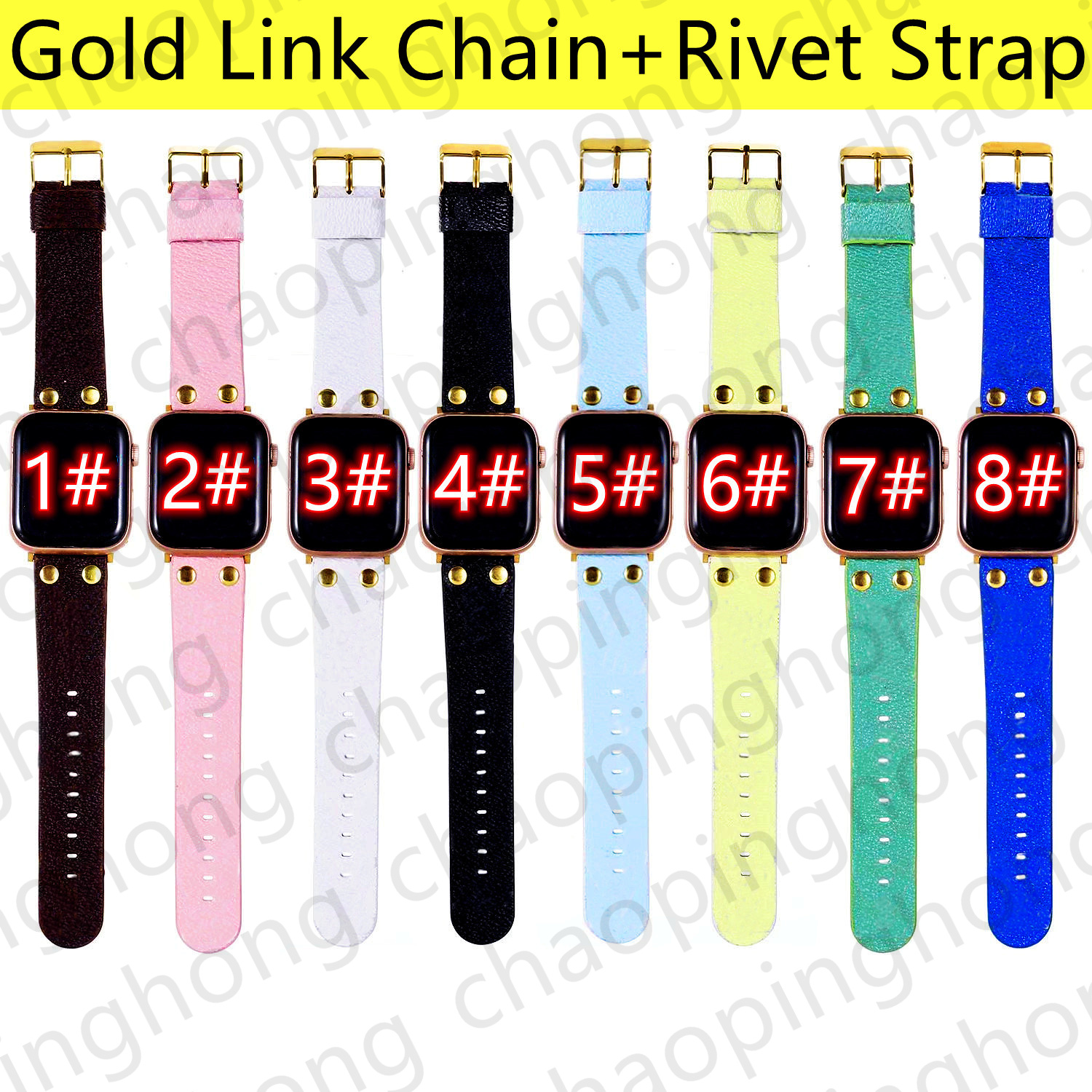 

Watch Band Strap For Apple Watch 44mm 45mm 41mm 40mm 42mm 38mm iWatch 7 4 5 6 SE Series Wristband Fashion Leather Gold Link Chain Rivet Bracele Luxury Flower Smart Straps