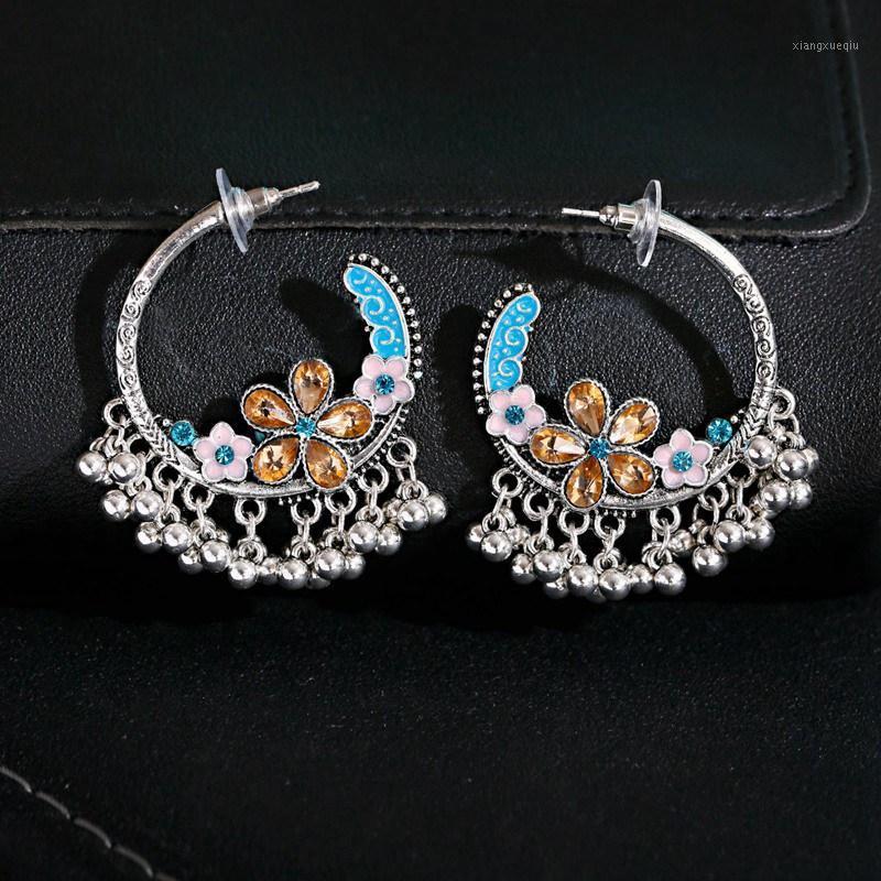 

Stud Ethnic Zircon Round Flower Earrings For Women Fashion Silver Color Beads Trible Female Jewelry, Golden;silver