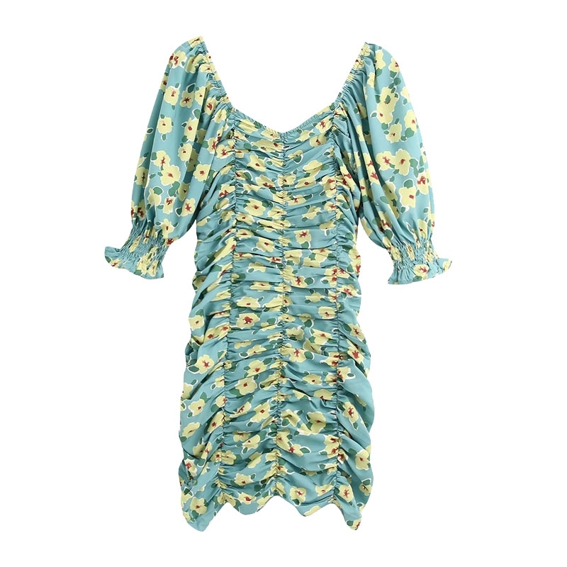 

Women Elegant Fashion Floral Print Pleated Sheath Mini Dress Vintage Back Zipper Dresses Casual Female Chic Vestidos 210520, As picture