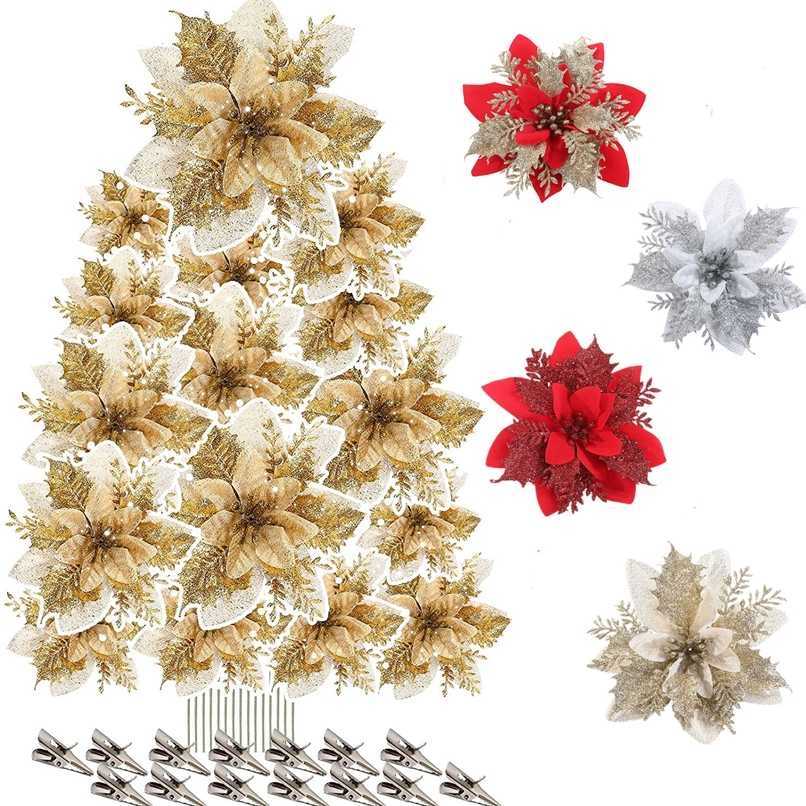 

10/20pcs Christmas flower poinsettia artificial flower with clip Christmas and Year party floral decoration 211104, Red gold