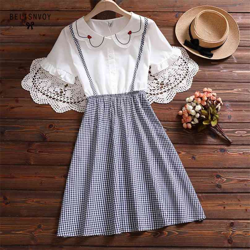 

Mori Girl Fake Two Piece Summer Dress Women Heart Embroidery Short Sleeve Plaid Dresses Kawaii Clothing Vestidos De Fiesta 210520, Navy blue