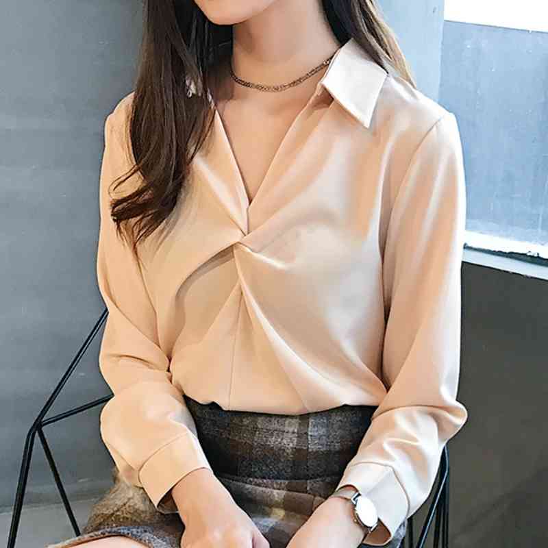 

Fashion Woman Blouses Chiffon Blouse V-neck Office Blouse Women Tops Long Sleeve Blouse Women Womens Tops And Blouses C633 210602, Apricot