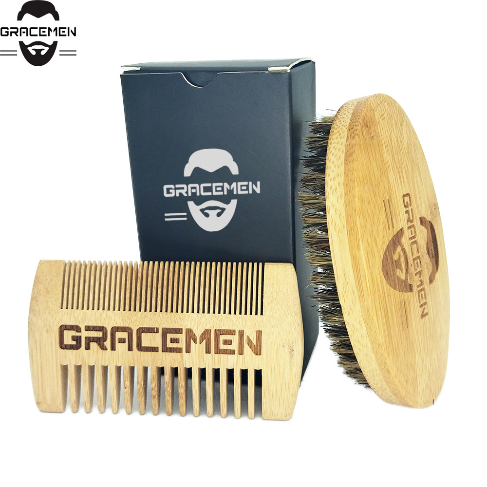 

MOQ 100 Set Personalized LOGO Men Beard Care Kit for Face / Head Hair Mustache Bamboo Brush and Dual Sides Comb Sets With Custom Black Gift Box