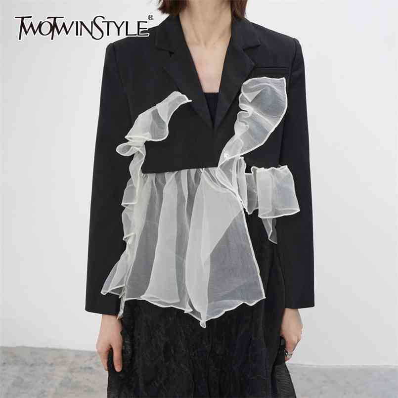 

Patchwork Mesh Ruffle Blazer For Women Notched Long Sleeve Hit Color Casual Blazers Female Fashion Clothing 210524, Black
