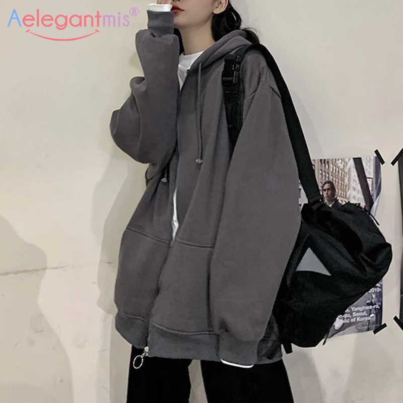 

Aelegantmis Harajuku Fleece Warm Hoodie Sweatshirts Loose Oversized Hoodies Women Coats Ladies Casual Pocket Sweatshirt 210607, Dark grey