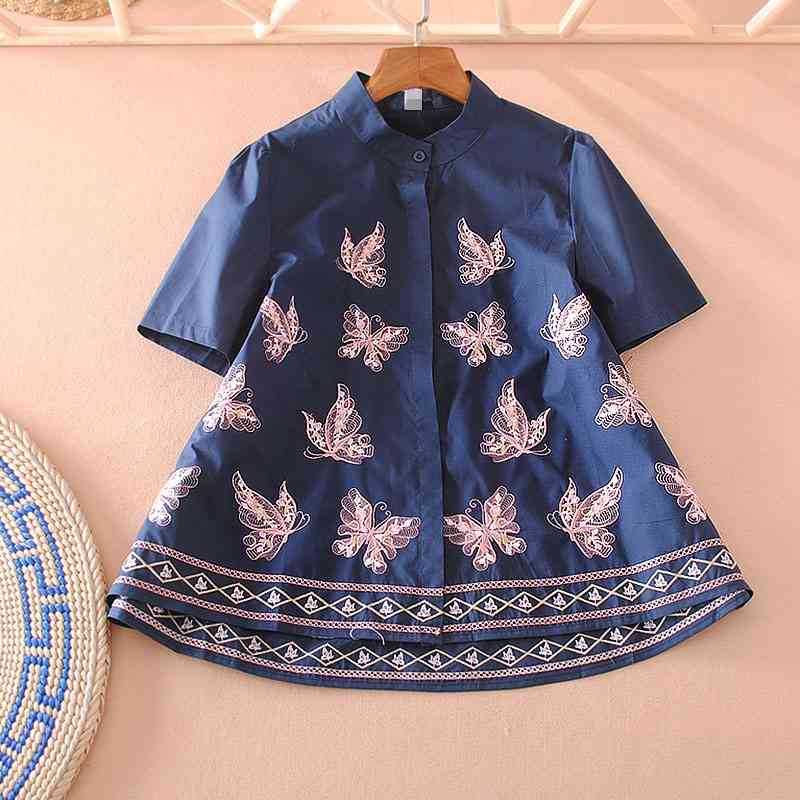 

VANOVICH Embroidery Summer Women Blouses and Tops Short Sleeve Casual Chinese Style Clothing 210615, Blue