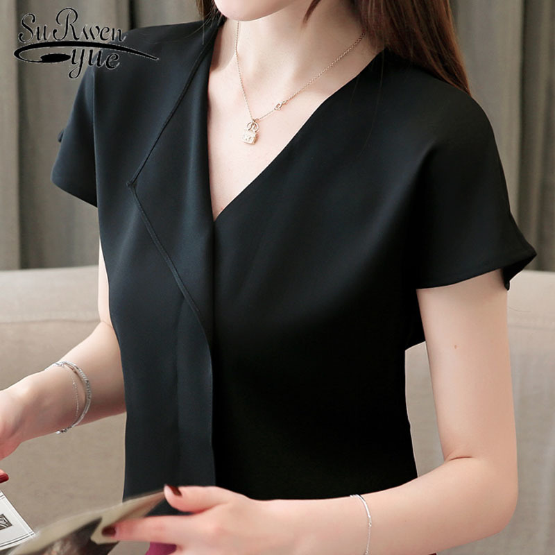 

Women elegant blouse and top summer fashion Lady Chiffon short shirts V neck Office women chiffon tops 3854 50 210521, White