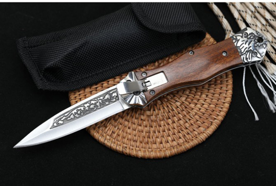 

sculpture Horizontal Automatic Tactical Folding Knife 7Cr13 Satin Blade Wood Handle Outdoor EDC Pocket Knives With Nylon Sheath