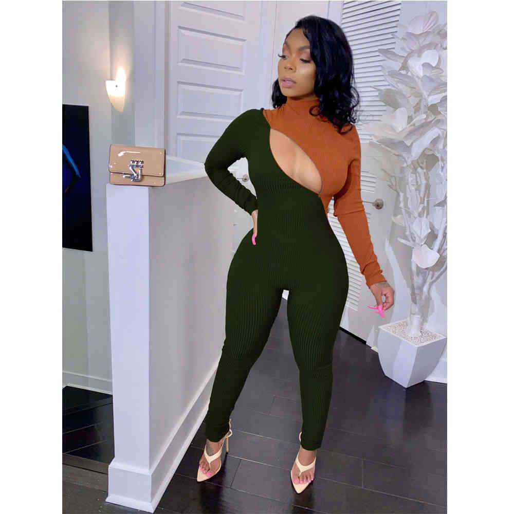 

Women's Jumpsuits & Rompers Summer European American High Collar Long-Sleeved Zipper Impact Color Elastic Tight Pants Jumpsuit P4S, Beige