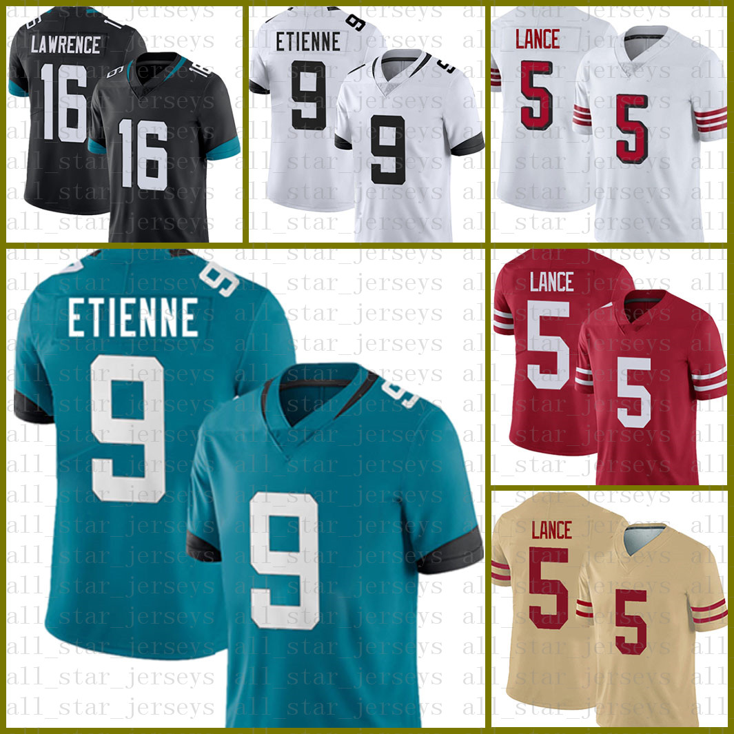 

American football jersey Jacksonville Jaguar 16 Trevor Lawrence 9 Travis Etienne San Mens Francisco 49ers 2021 5 Trey Lance 1 Za, Black;red