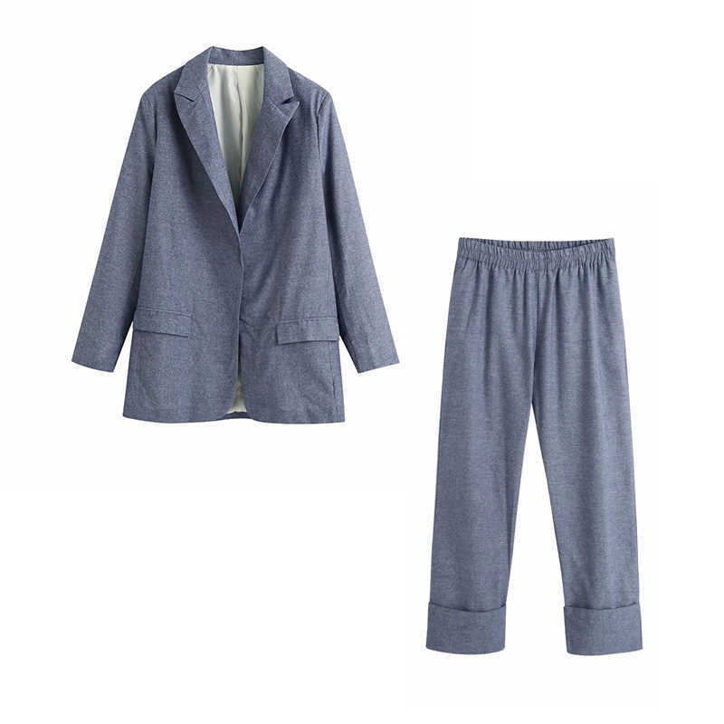 

autumn women's pants suit two-piece Casual buttonless long sleeve ladies mid-length office jacket Slim trousers 210527