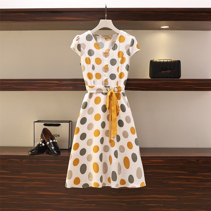 

Colorful Dot Printted Dress Women Summer Fashion V-neck Short Sleeve Single-breasted Sashes Plus SIze Vestidos 210525, White
