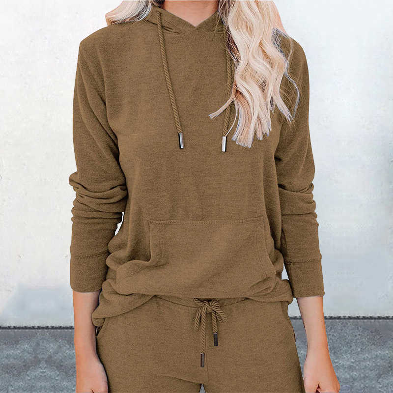 

Solid Tracksuit Women Two Piece Set Autumn Clothes Hooded Pocket Sweatshirt Top And Loose Sweatpants Sports Jogging Suit Outfit 210709, Black
