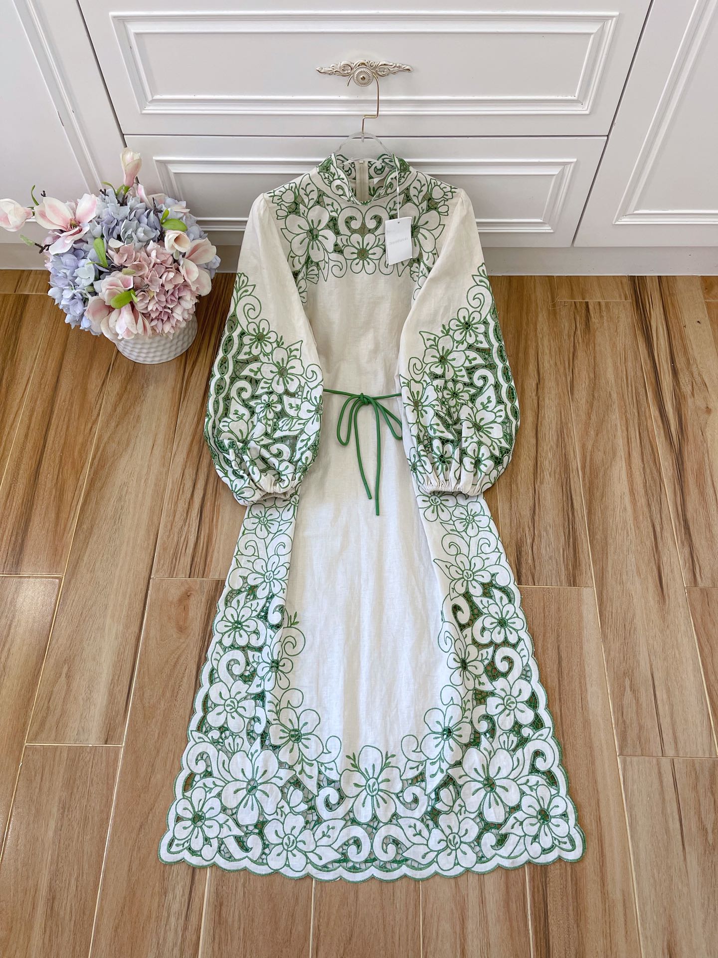 

Linen hollow embroidered long skirt, Customize