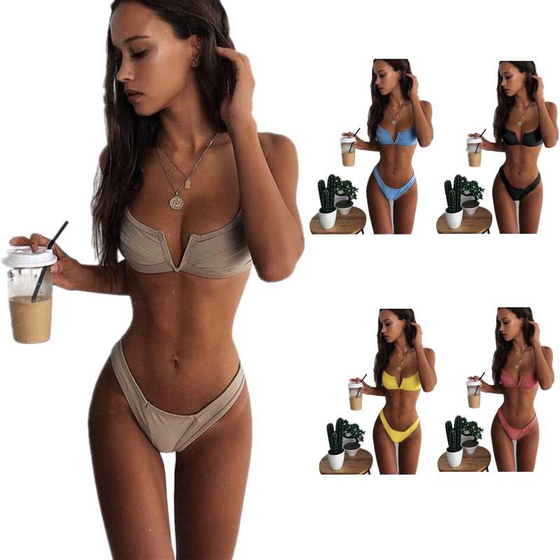 

Women' Swimwear V-Bra Swimsuit Women 2 Pieces Wireless High Cut Bikini Set Padded 7 Colours Push Up Bandeau Thong Brazilian Biquini, 05