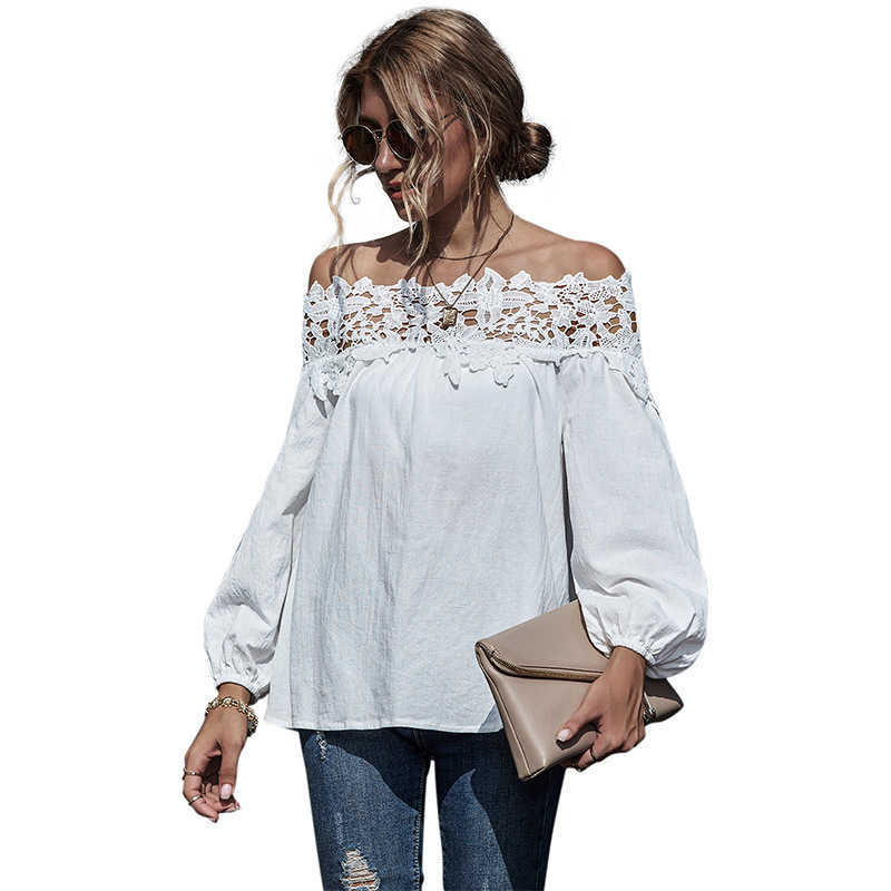

Sexy Off Shoulder Lace Patchwork Hollow Out Blouses Women Spring Casual Slash Neck Puff Sleeve Loose Streetwear White Shirt Tops 210526