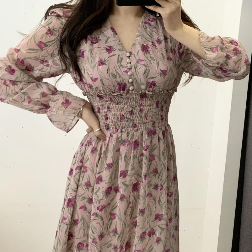 

womens dress flower women floral chiffon vestidos maxi vestido beach elegant spring pink korean long sleeve v ropa mujer sukienki, Black;gray