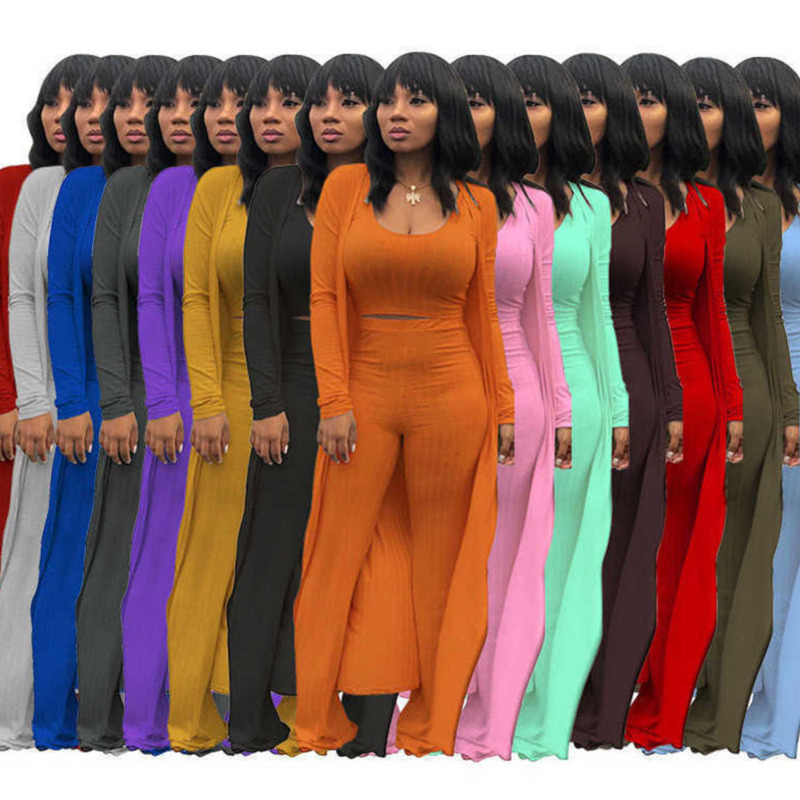 

Women Tracksuits 3 Piece Set Knited Solid Color Fashion Lady High Elasticity Crop Top Wide Leg Pants S-XXL, Army green