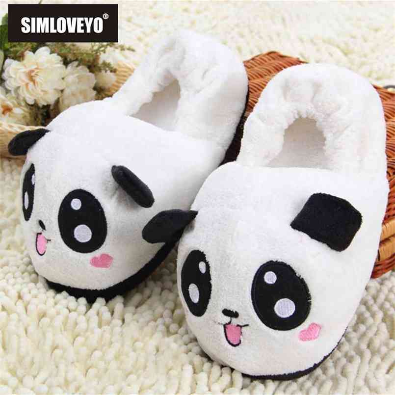 

SIMLOVEYO Winter Indoor Panda Slippers Flat Furry Home Cartoon Women unisex Couple Animal Warm Non-slip Shoes T389b 210607, White no heel