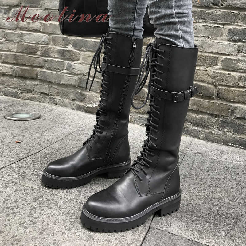 

Meotina Winter Knee High Boots Women Natural Genuine Leather Thick Heel Motorcycle Boots Buckle Zipper Shoes Ladies Autumn 34-39 210608, Black