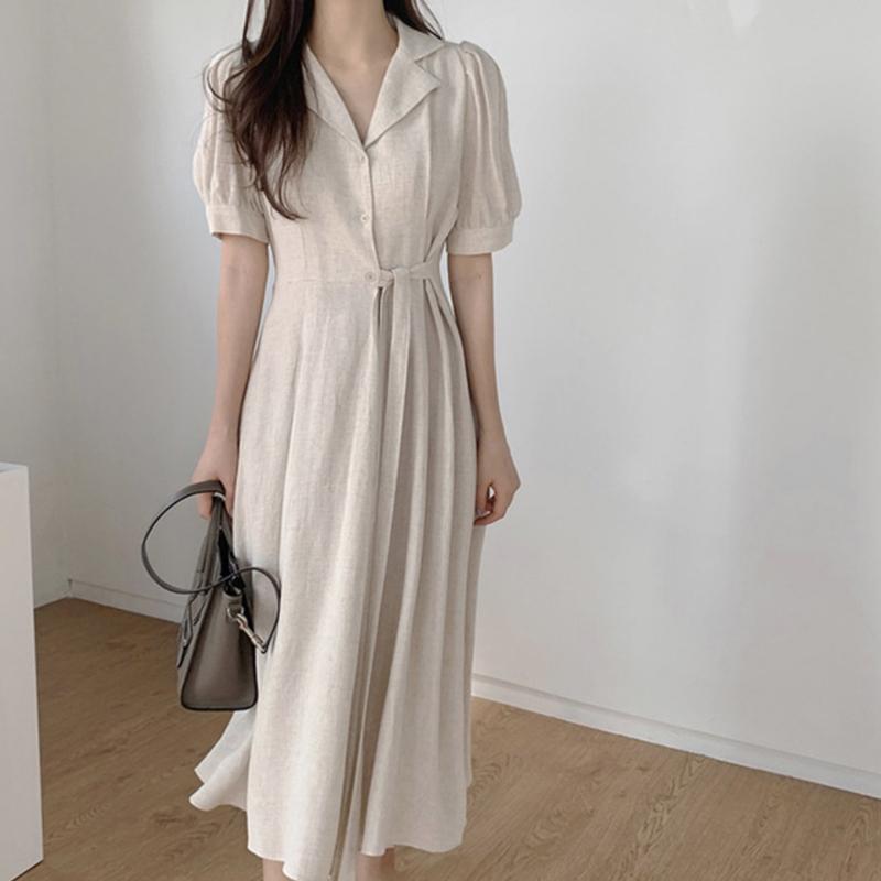 

Casual Dresses 2021 Women' Summer Shirt High Waist Vintage Puff Sleeve Lace Up Elegant Cotton And Linen Draped Long Dress YiranFZC, Beige
