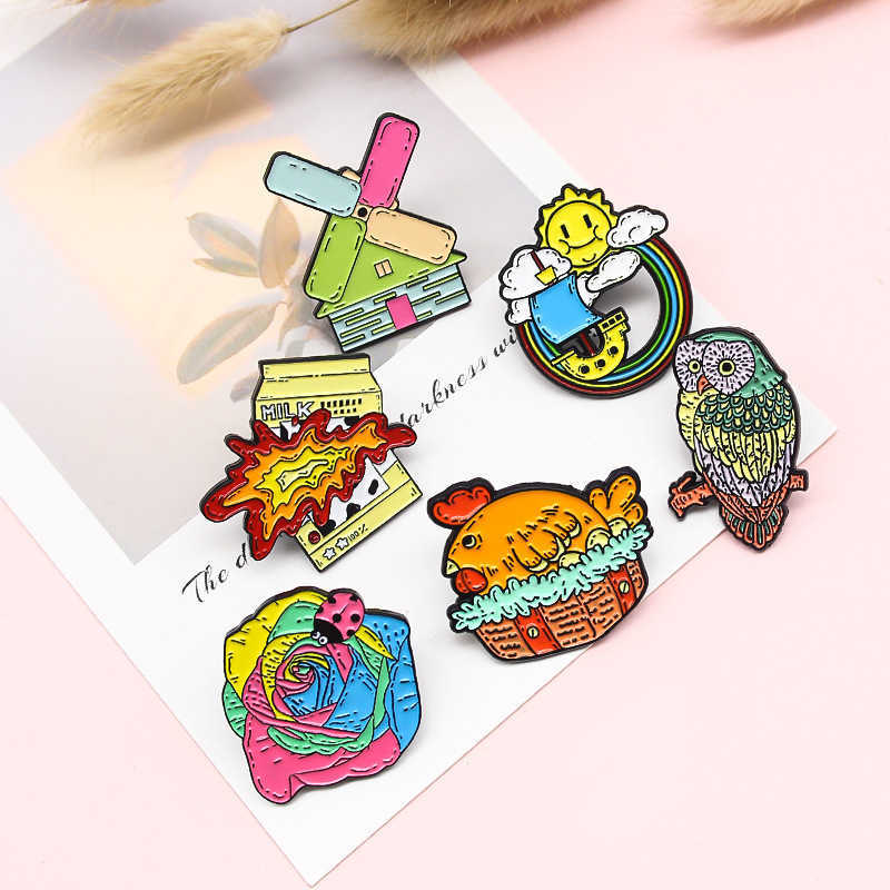 

Cartoon fat Rooster owl flower bug windmill rainbow pop can trend creative alloy Brooch