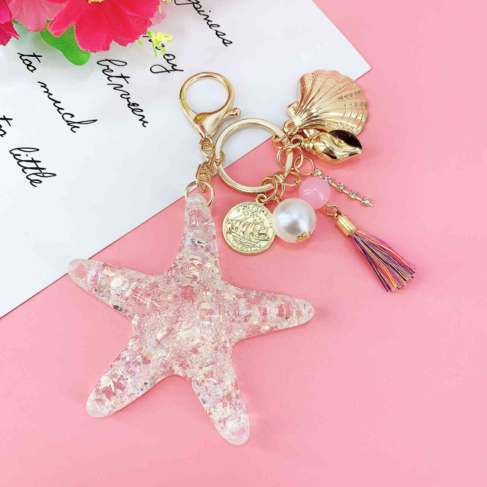 

New Fantasy Cartoon Sea World Pearl Shell Starfish Keychain Pentagram Crystal Key chain Ladies Bag Car Key Alloy Pendant Jewelry Y0306