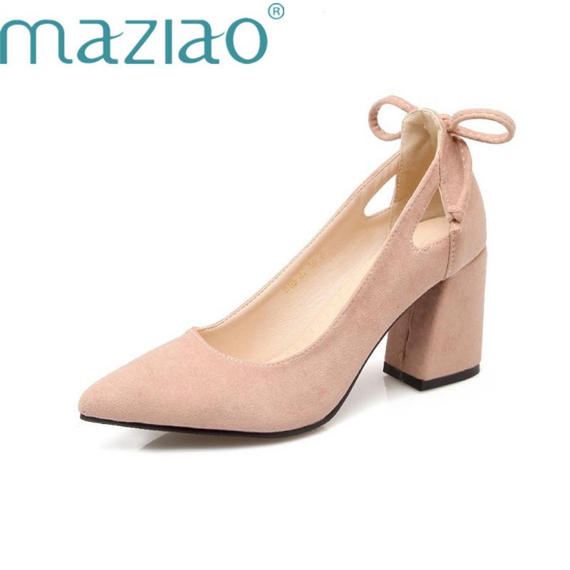 

Dress Shoes MAZIAO Women Pumps Thick Heel Female Pointed Toe High Heels Bow Ladies Party Slip On Black Plus Size 33-46