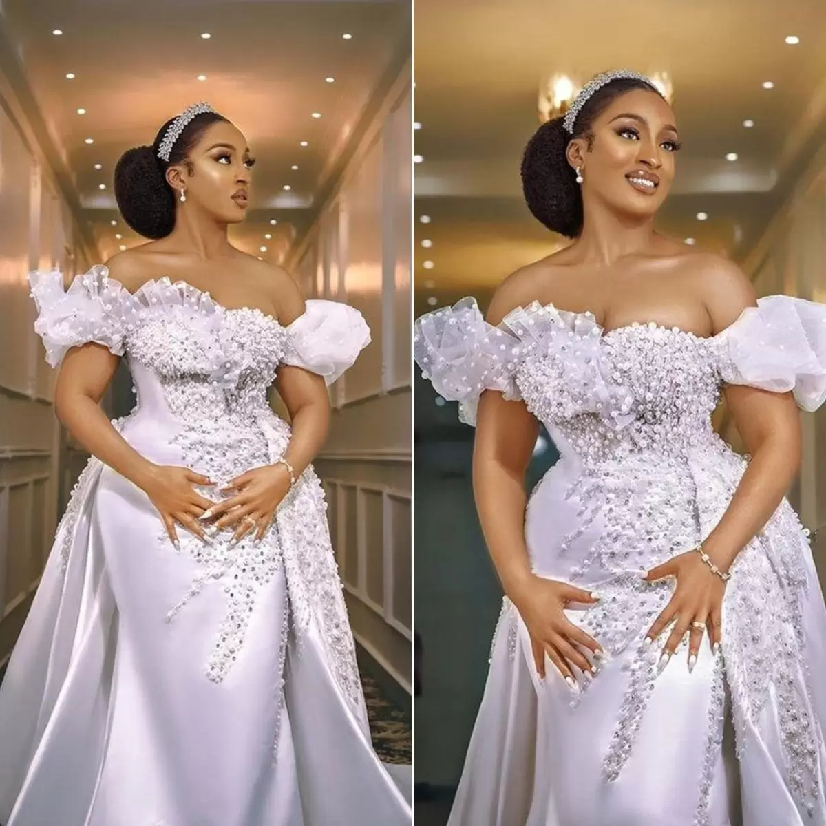 

2022 Pearls Mermaid Wedding Dresses Bride Gowns With Detachable Train African Nigerian Off The Shoulder Beaded Applique vestido de novia, White