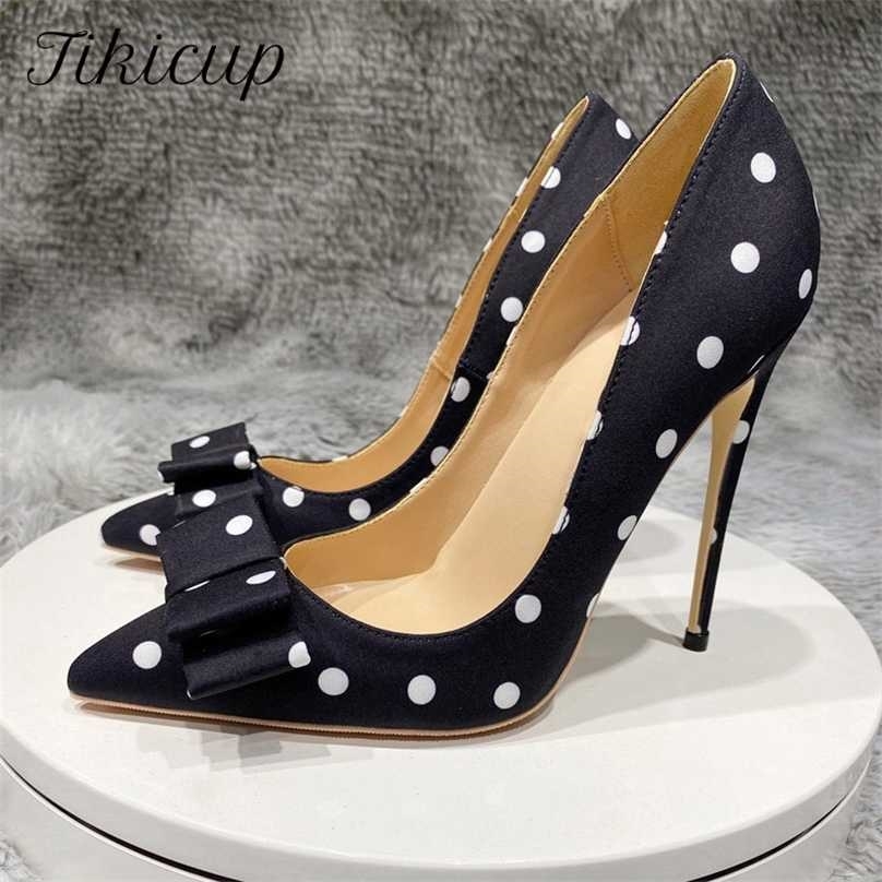 

Tikicup Polka Dot Women Black Satin Stiletto High Heels with Bowknot Chic Ladies Designer Dress Shoes Pointed Toe Silk Pumps 211029, 8cm black