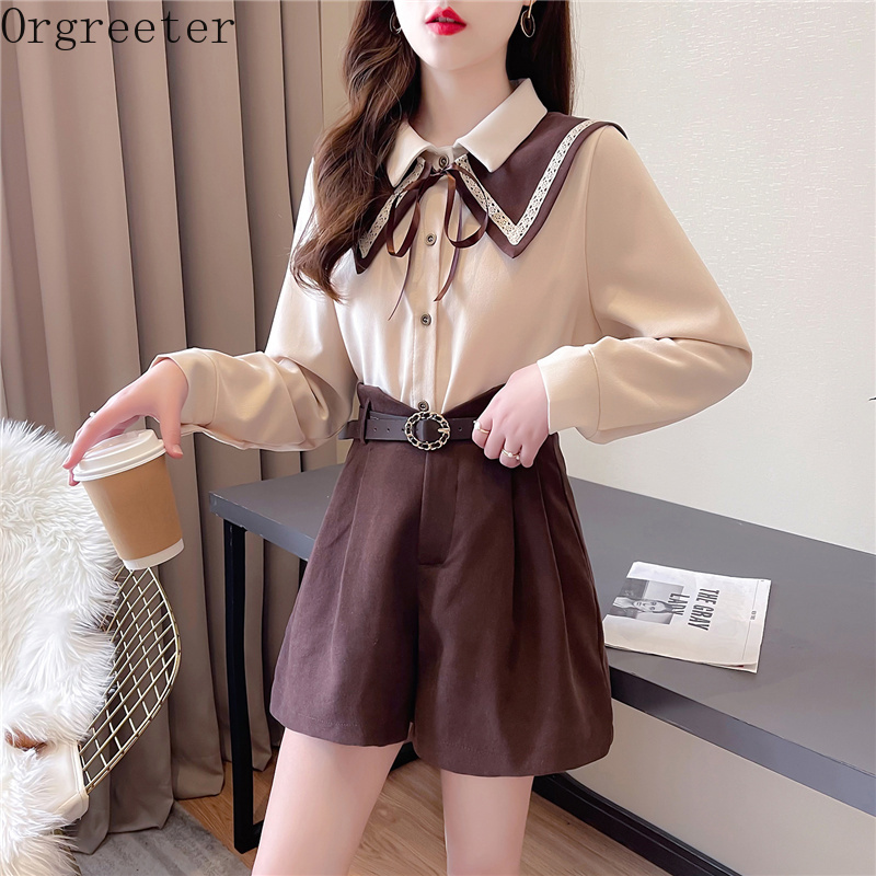 

Preppy Style Shirt Shorts Female Suits Spring Sailor collar Shawl Chiffon + High Waist Wide-Leg 2 Piece Set With Belt 210525, White