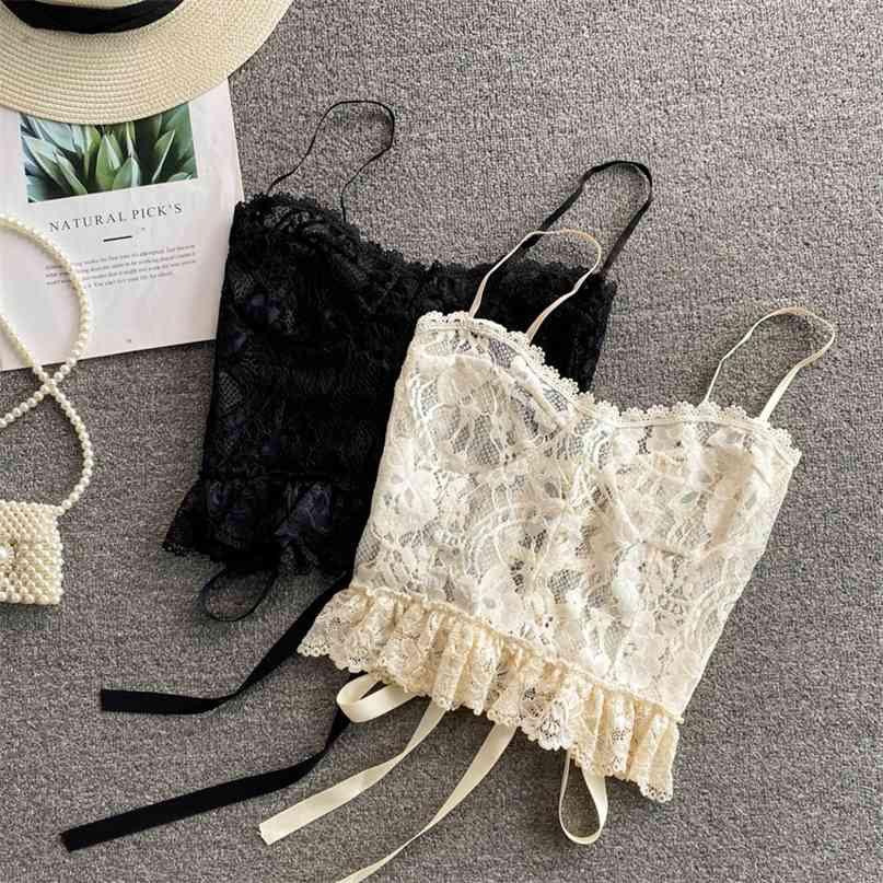 

Sexy Lace Crop Top Summer Women's Camisole Camis Solid Adjustable Spaghetti Strap Hollow Out Lace-up Bandage Slim 210603, Creamy-white