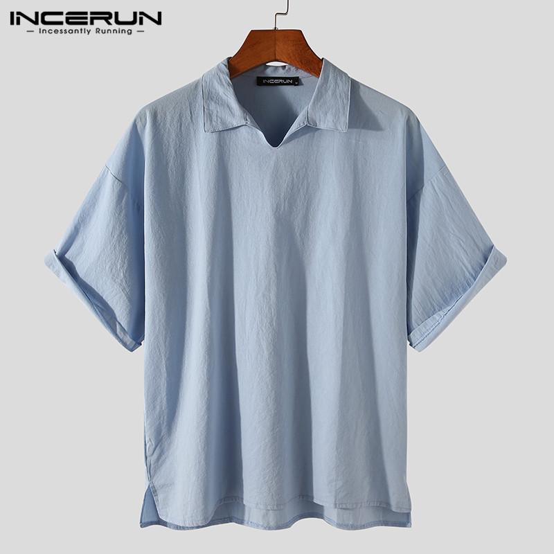 

Mens Casual Cotton Brand Shirts Masculina INCERUN Solid Man Short Sleeve Lapel Blouse Korean Style Loose -3XL 7 Men, Black