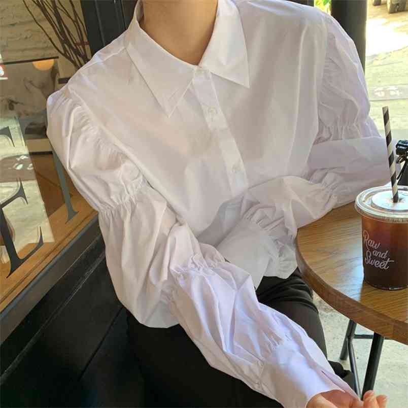 

Women Spring Korean Long Sleeve Casual Blouses Vestidos Single Breasted Elegant Puff Ladies Chic Tops 210519, White