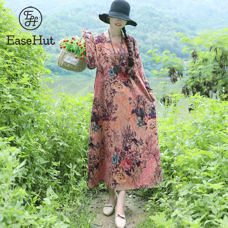 

Vintage Women Cotton Linen Dress Floral Printed Casual O Neck Long Sleeve Side Pocket Dresses Robe Loose Plus Size Vestidos, Black;gray