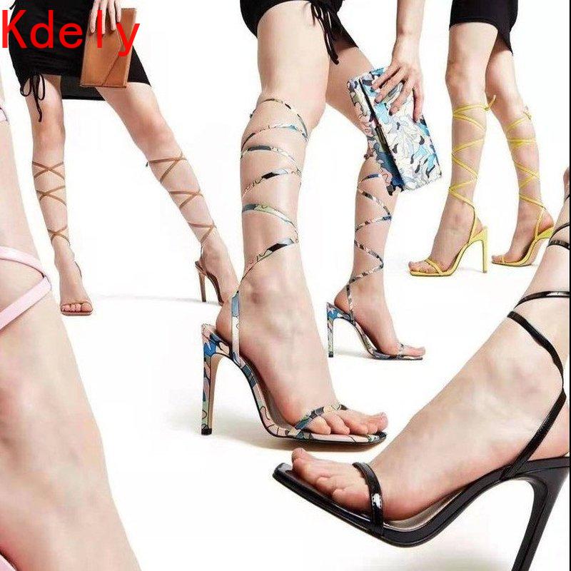 

Sexy Pointed Toe Snake Print Women Sandals Plus Size 35-41 Ankle Strap High Heels Casual Lace Up Shoes For Dress, Black