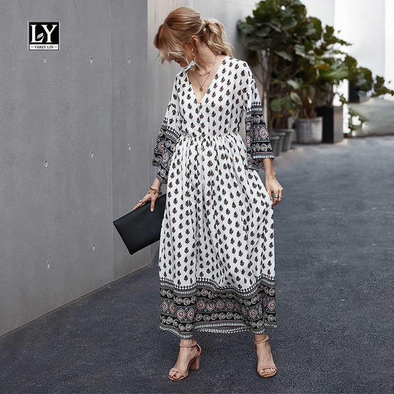 

LY VAREY LIN Autumn Printing Dress Bohemian Style Color Patchwork Fitted Waist V Nck Long Sleeve Loose Ladies Dresses 210526, Black