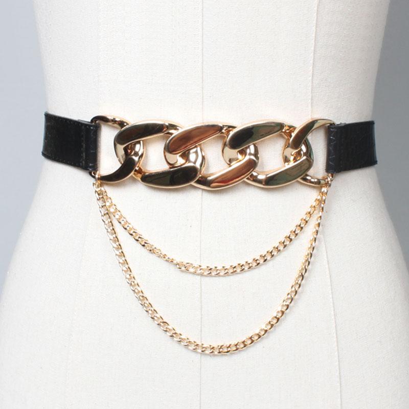 

Belts Punk Fashion Leather For Women Designer Luxury Metal Thick Chain Waist Strap Dress Coat Sweater Lady Decorative Waistband, Black