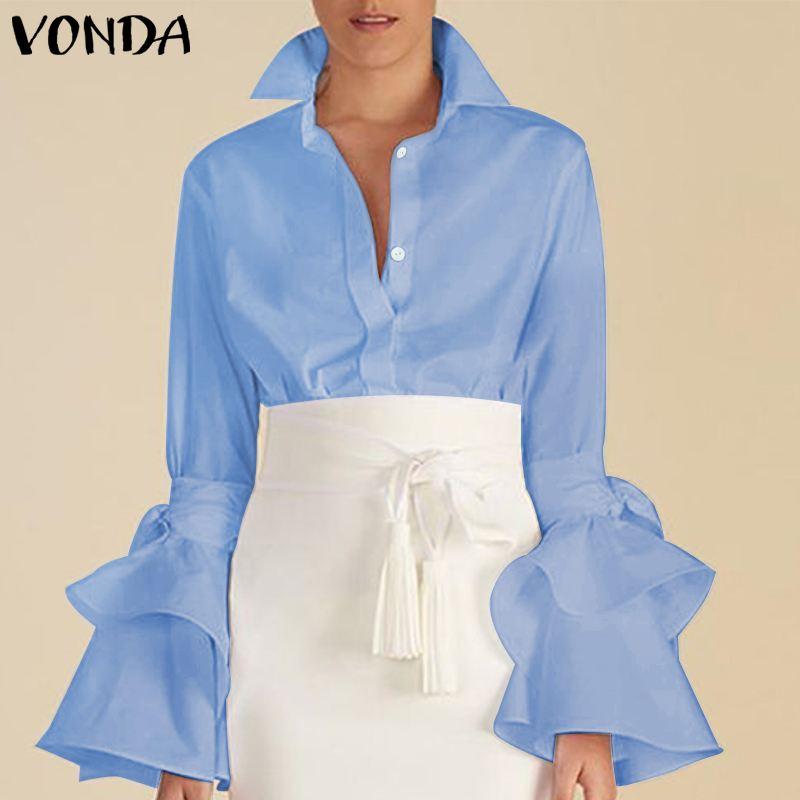 

Women's Blouses & Shirts Party Women Tunic Blouse Casual Solid Tops 2021 Summer Sexy Lapel Neck Flare Sleeve OL Ruffled Plus Size, Blue