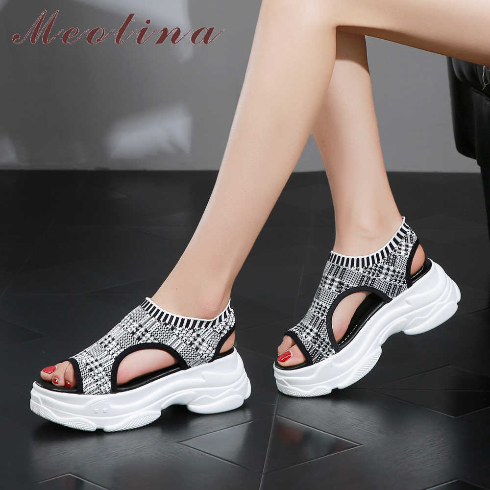 

Meotina Summer Sandals Women Shoes Stretch Flat Platform Shoes Cutout Peep Toe Casual Sandals Female Gray Black Size 34-39 210608