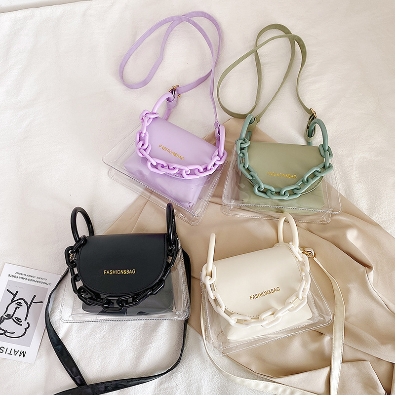 

Womens Bags Inexpensive Fashion Transparent PVC Crossbody Bag Female PU Acrylic Chain Ladies Shoulder Messenger Flap Handbags, Black shoulder bag