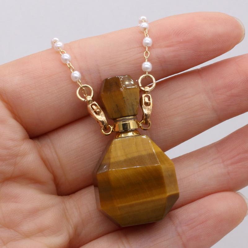 

Pendant Necklaces Natural Tiger Eye Stone Perfume Bottle Necklace Double Hole Essential Oil For Feast