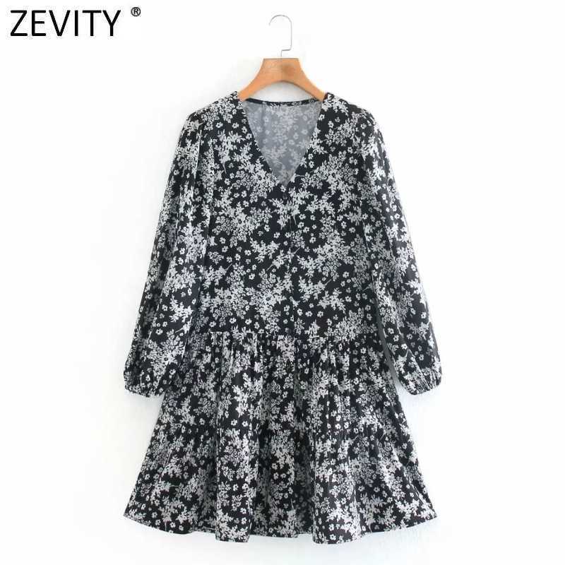

Zevity Women Vintage V Neck Leaves Print Pleats Ruffles Casual Dress Prairie Chic Ladies Long Sleeve Vestido Autumn Dress DS4783 210603, As pic ds4783ld
