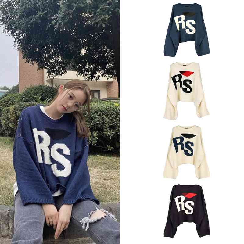

Raf Simons RS big letter sweater Ouyang Nana same size ins crew neck T-shirt couple loose short, Mibai (tibetan)
