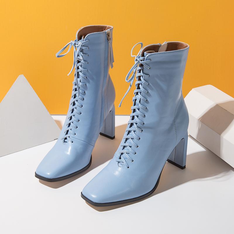 

Boots Brand Fashion Square Toe Women Comfortable Thick Heeled Lace Up PU Leather Ankle High Heels Autumn Winter Shoe, Black