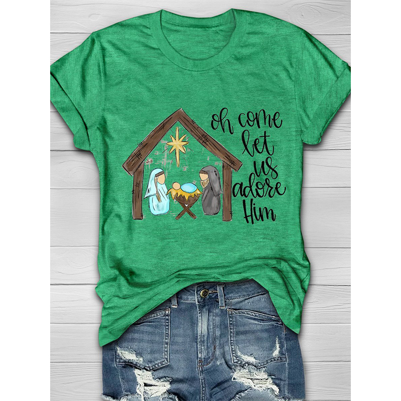 

Ladies Top T-shirt Harajuku Summer Christmas House Corner Printed Pattern Street Casual Round Neck Short Sleeve Comfortable, White